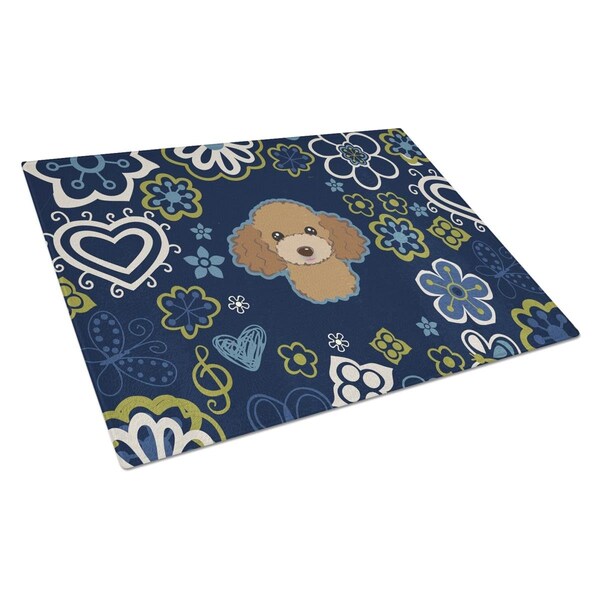Carolines Treasures Blue Flowers Chocolate Brown Poodle Glass Cutting Board Large - BB5107LCB