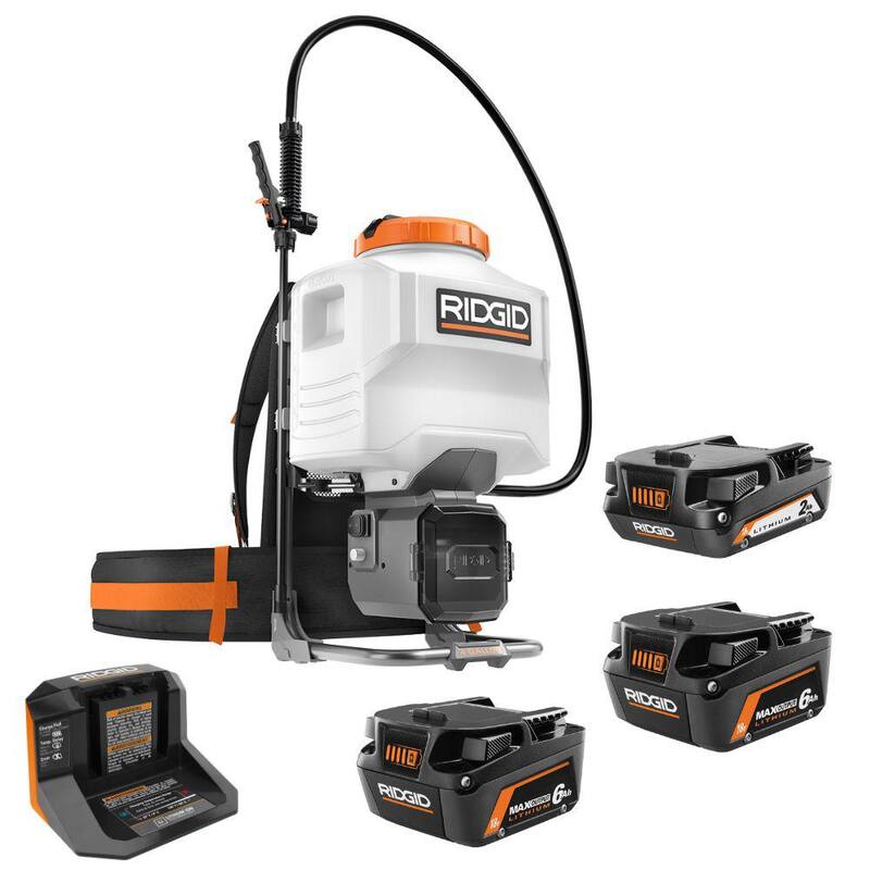 Kit de Pulverizador de Mochila Inalámbrico RIDGID de 18V con capacidad de 4 Galones y Baterías de Salida Máxima de 6.0 Ah (paquete de 2) - R01501KVNM-AC840060PN