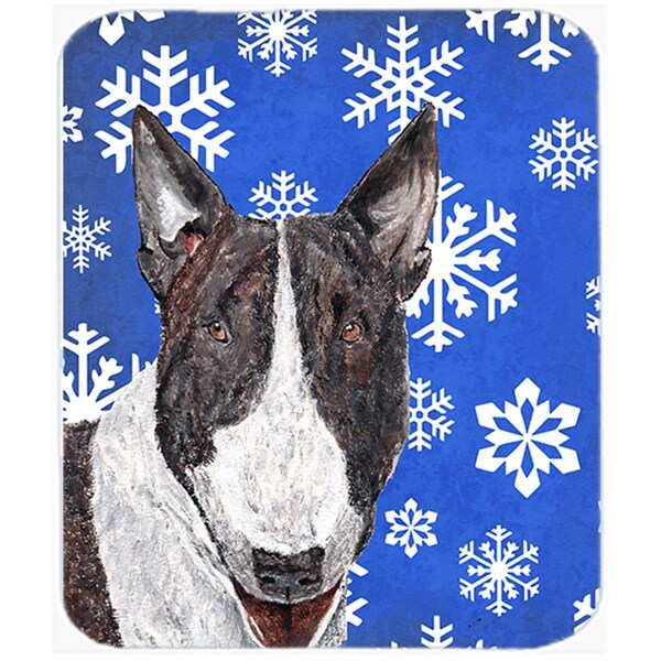 Carolines Treasures 15 x 12 in. Bull Terrier Blue Snowflake Winter Glass Cutting Board- Large - SC9603LCB