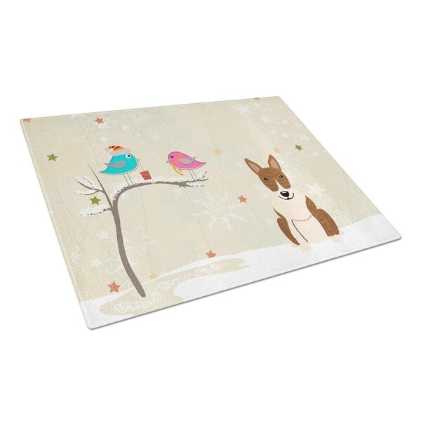 Carolines Treasures Christmas Presents Between Friends Bull Terrier Brindle Glass Cutting Board, Large - BB2609LCB