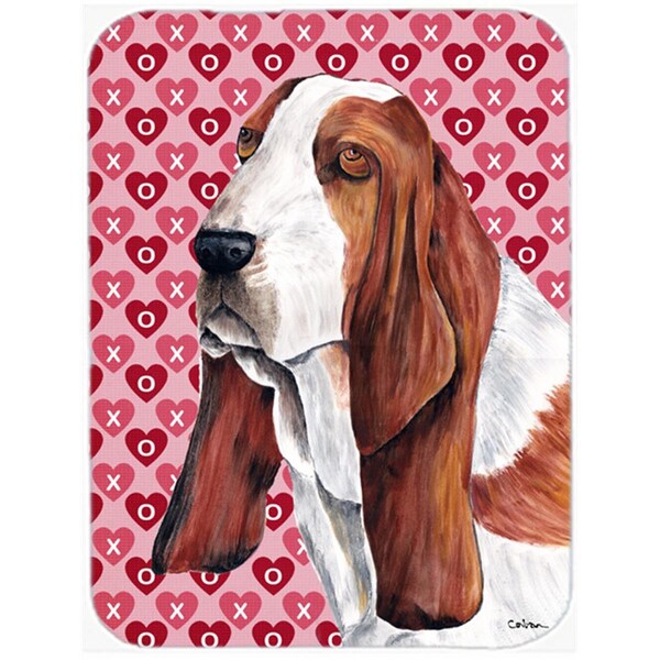 Carolines Treasures 12 x 15 in. Basset Hound Hearts Love and Valentines Day Portrait Glass Cutting Board- Large - SC9267LCB