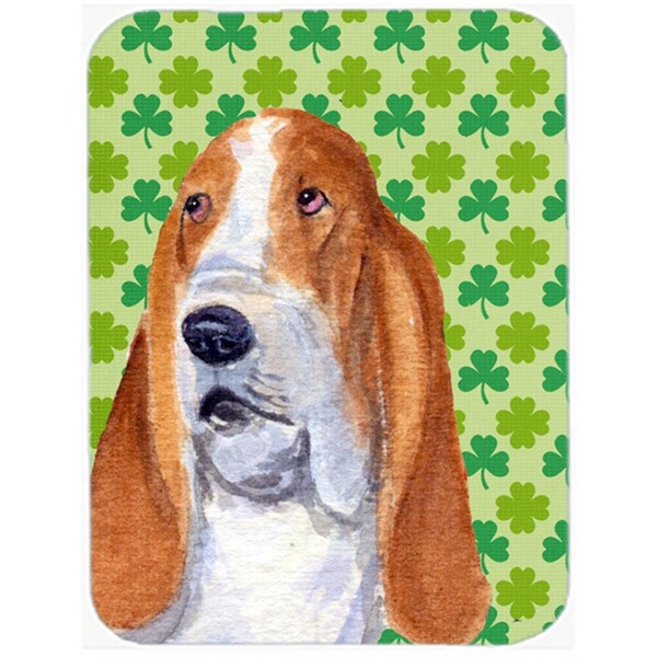 Carolines Treasures 12 x 15 in. Basset Hound St. Patricks Day Shamrock Portrait Glass Cutting Board- Large - SS4459LCB