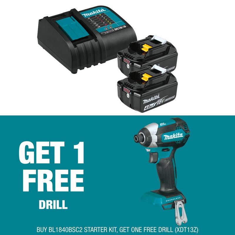 Paquete de inicio de batería y cargador de iones de litio LXT de 18V de Makita (4.0Ah) con un regalo de un Impact Driver Brushless de iones de litio LXT de 18V - BL1840BSC2XDT13