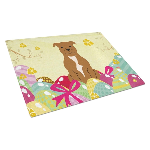 Carolines Treasures Easter Eggs Staffordshire Bull Terrier Brown Glass Cutting Board - Large - BB6047LCB