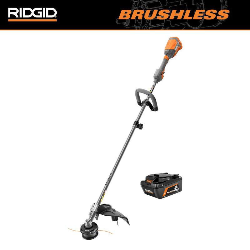 Recortadora de hilo inalámbrica de 18V RIDGID de 14 pulgadas, con capacidad de accesorios. Incluye batería de iones de litio EXP de 8.0 Ah MAX Output - R01201BVNM-AC840080