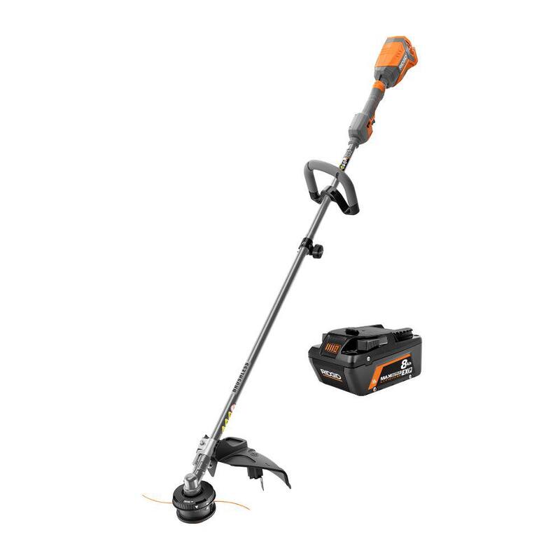 Recortadora de hilo inalámbrica de 18V RIDGID de 14 pulgadas, con capacidad de accesorios. Incluye batería de iones de litio EXP de 8.0 Ah MAX Output - R01201BVNM-AC840080