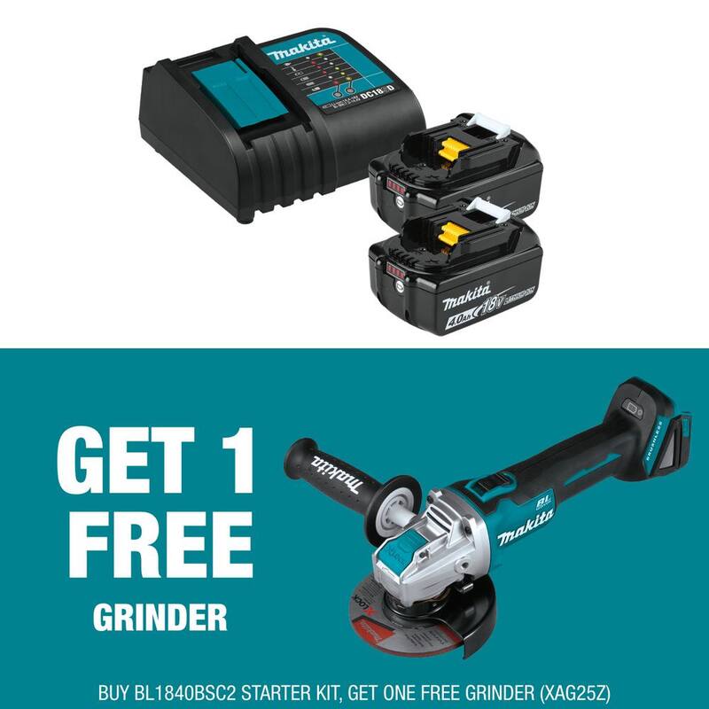 Paquete de inicio de batería y cargador de iones de litio Makita 18V LXT (4.0Ah) con bono de amoladora angular X-LOCK 18V LXT 4-1/2 / 5 pulgadas - BL1840BSC2XAG25