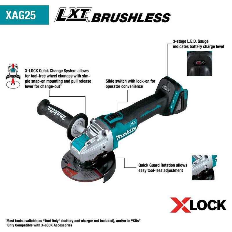 Paquete de inicio de batería y cargador de iones de litio Makita 18V LXT (4.0Ah) con bono de amoladora angular X-LOCK 18V LXT 4-1/2 / 5 pulgadas - BL1840BSC2XAG25