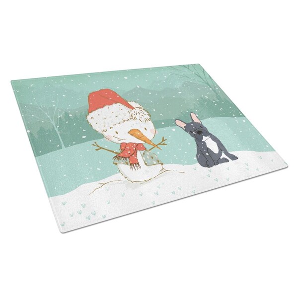 Carolines Treasures Black French Bulldog Snowman Christmas Glass Cutting Board Large - CK2085LCB