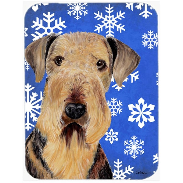 Carolines Treasures 15 x 12 in. Airedale Winter Snowflakes Holiday Glass Cutting Board - Large - SC9373LCB