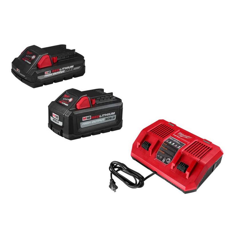 Batería de alto rendimiento de iones de litio de 18V Milwaukee M18 de 6.0 Ah y 3.0 Ah con cargador de batería dual de bahía rápida (paquete de 2) - 48-11-1865S-48-59-1802