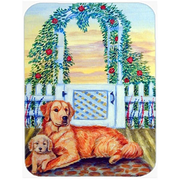Carolines Treasures Golden Retriever with puppy at the gate Glass Cutting Board - Large- 15 x 12 in. - 7148LCB