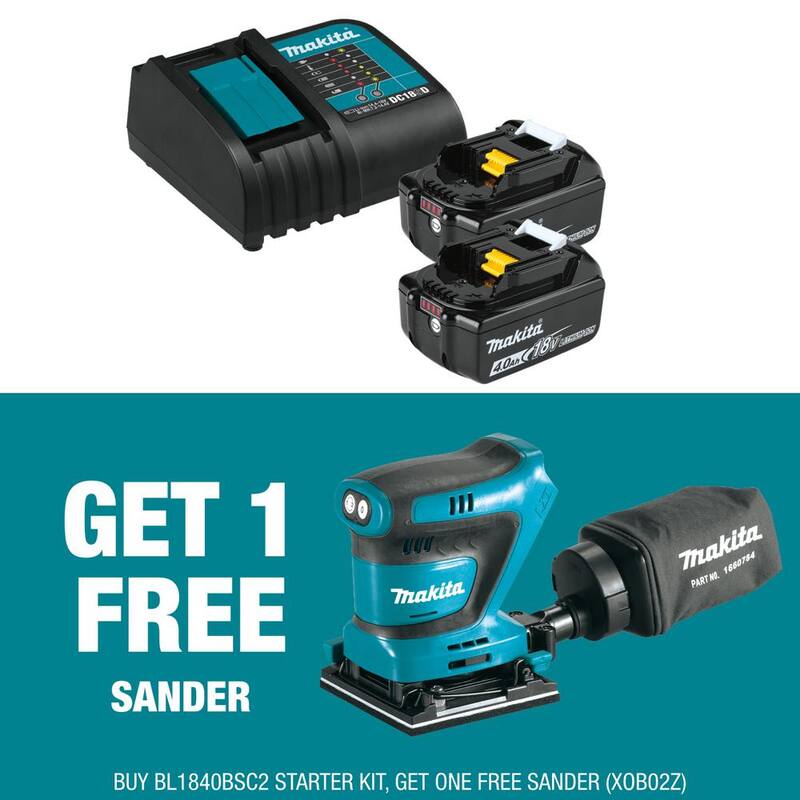 Paquete inicial de batería y cargador de iones de litio LXT de 18V de Makita (4.0Ah) con bono de lijadora de acabado de lámina de 1/4 de pulgada LXT de 18V - BL1840BSC2XOB02