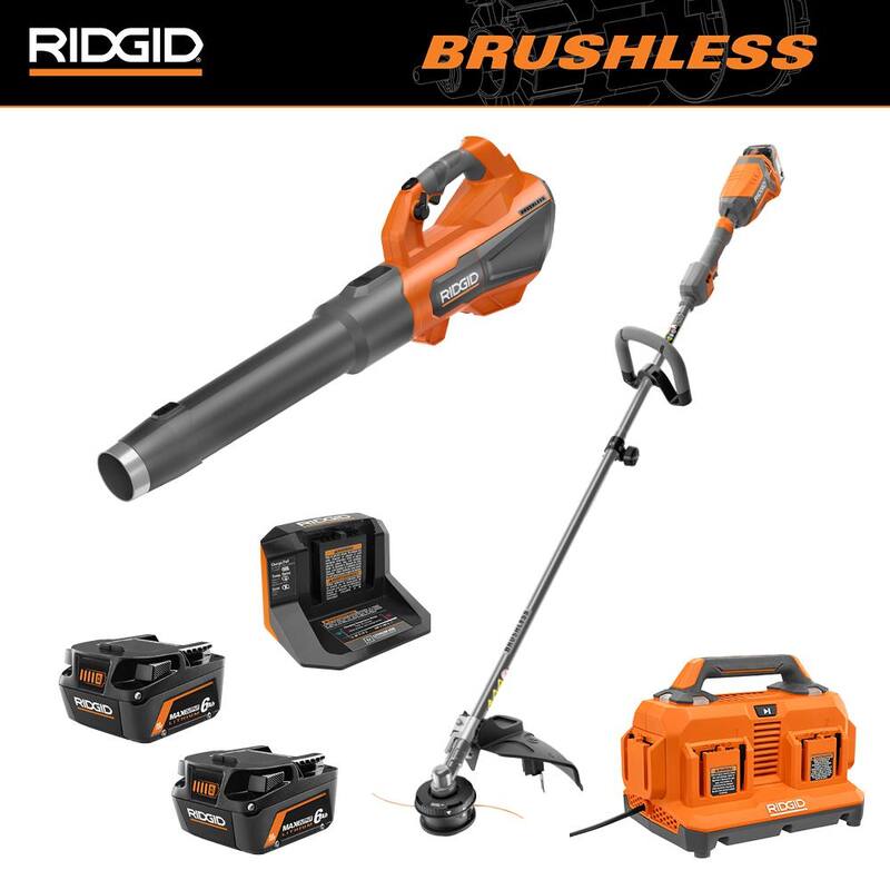 Juego de combo inalámbrico de 2 herramientas RIDGID 18V Brushless con recortadora de hilo, sopladora de hojas, (3) baterías y (2) cargadores - R019001VNM-AC86096-AC840060PN.