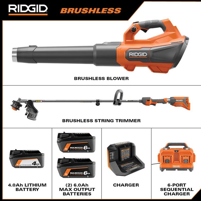 Juego de combo inalámbrico de 2 herramientas RIDGID 18V Brushless con recortadora de hilo, sopladora de hojas, (3) baterías y (2) cargadores - R019001VNM-AC86096-AC840060PN.