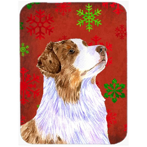 Carolines Treasures Australian Shepherd Red Green Snowflakes Christmas Glass Cutting Board- Large - LH9318LCB