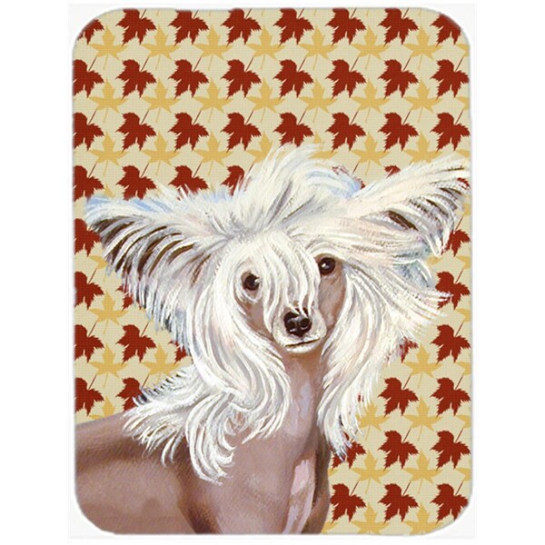 Carolines Treasures 15 x 12 in. Chinese Crested Fall Leaves Portrait Glass Cutting Board - Large - LH9122LCB