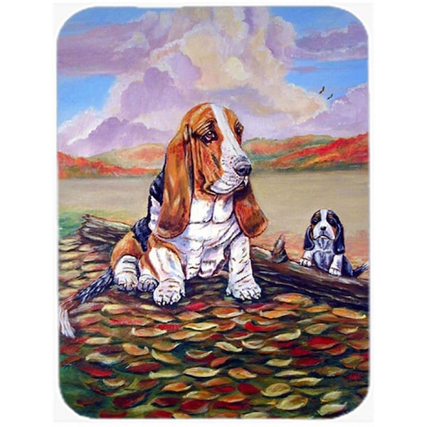 Carolines Treasures Basset Hound Little one watching Glass Cutting Board - Large- 15 x 12 in. - 7004LCB