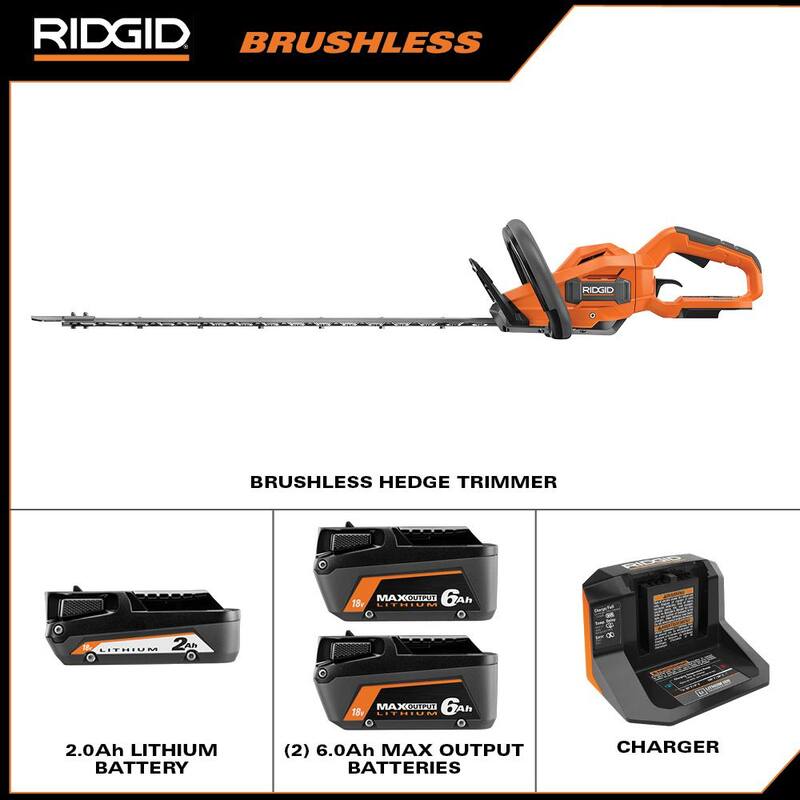 Kit de recortadora de setos inalámbrica RIDGID 18V Brushless con batería de 2.0 Ah, cargador y baterías de salida máxima de 6.0 Ah (paquete de 2) - R01401KVNM-AC840060PN.
