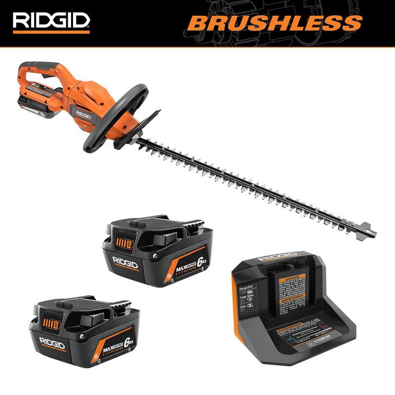 Kit de recortadora de setos inalámbrica RIDGID 18V Brushless con batería de 2.0 Ah, cargador y baterías de salida máxima de 6.0 Ah (paquete de 2) - R01401KVNM-AC840060PN.
