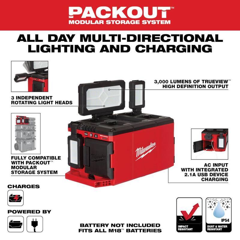 Milwaukee M18 Linterna LED de 3000 lúmenes con cargador incorporado y batería de 5.0 Ah - 2357-20-48-11-1850