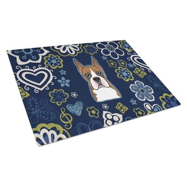 Carolines Treasures Blue Flowers Boxer Glass Cutting Board Large - BB5074LCB