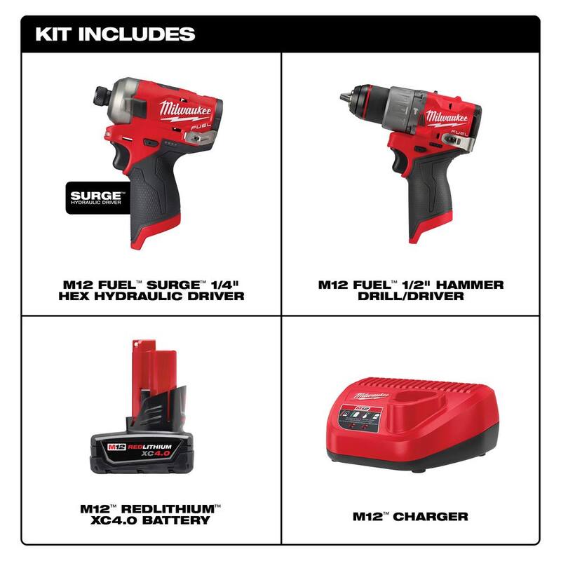 Milwaukee M12 FUEL 12-Volt Lithium-Ion Brushless Cordless SURGE 1/4 in. Impact Driver y M12 FUEL Taladro de martillo con batería y cargador - 48-59-2440-2551-20-3404-20