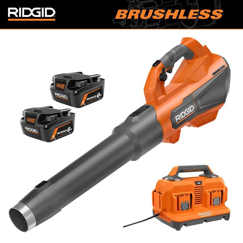 RIDGID 18V Soplador inalámbrico sin escobillas con Kit de Cargador Secuencial de 6 Puertos y Baterías de Salida Máxima de 6.0 Ah (paquete de 2) - R01601BVNM-AC86096-AC840060PN