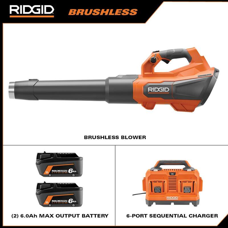 RIDGID 18V Soplador inalámbrico sin escobillas con Kit de Cargador Secuencial de 6 Puertos y Baterías de Salida Máxima de 6.0 Ah (paquete de 2) - R01601BVNM-AC86096-AC840060PN