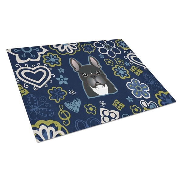 Carolines Treasures Blue Flowers French Bulldog Glass Cutting Board Large - BB5078LCB