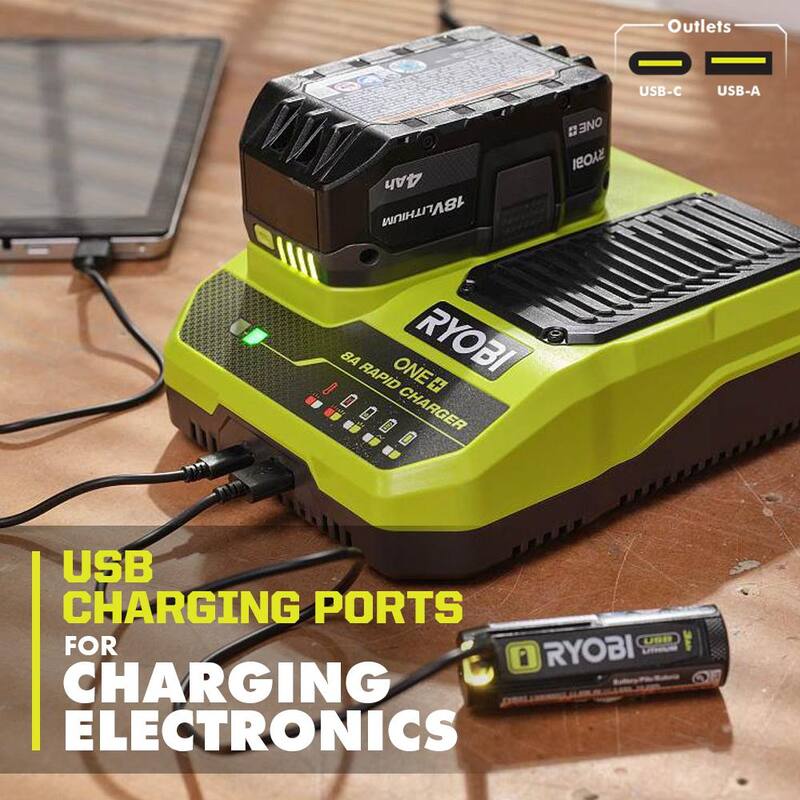 RYOBI ONE+ 18V 8A Cargador Rápido con Batería de Alto Rendimiento de 6.0 Ah (paquete de 2) - PCG008-PBP2007