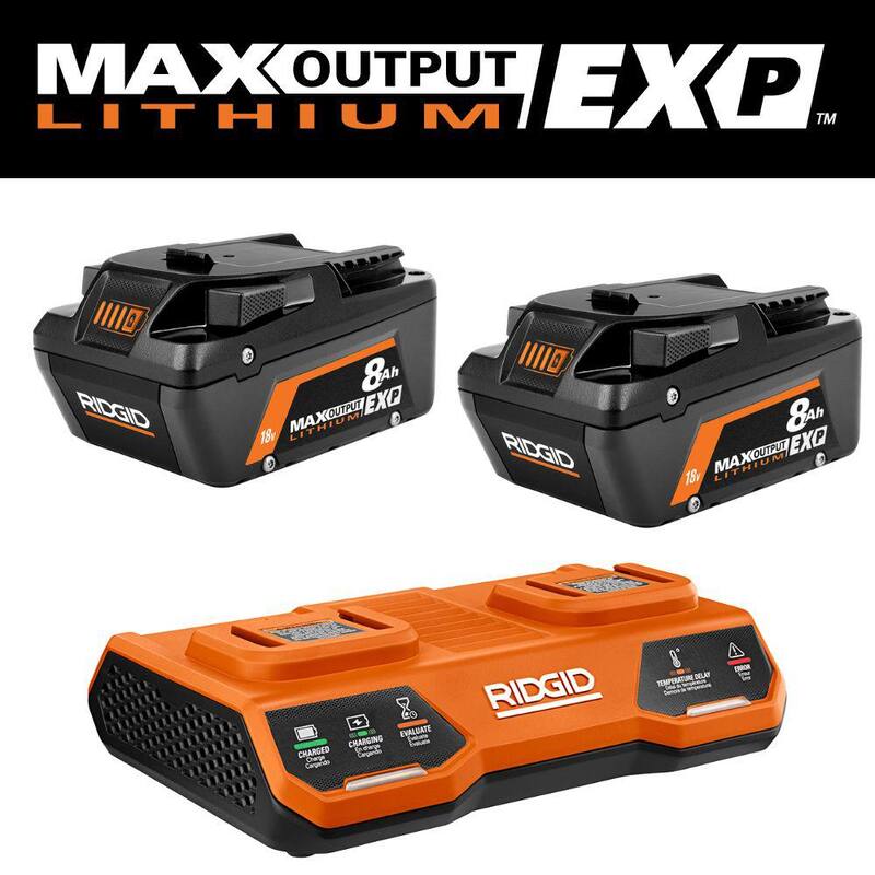 Cargador de doble puerto RIDGID 18V con (2) Baterías de salida MAX de 8.0 Ah EXP con cargador simultáneo de doble puerto de 18V - AC840080P-AC86095