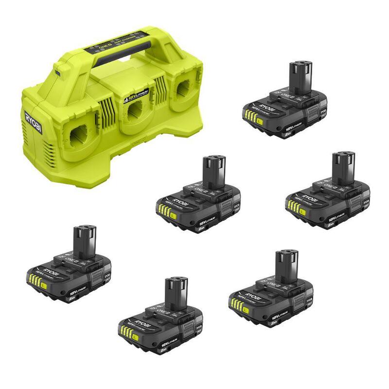 Batería compacta de iones de litio RYOBI ONE+ 18V 2.0 Ah (paquete de 6) con cargador de 6 puertos - PBP2006-PBP2006-PBP2006-PCG006