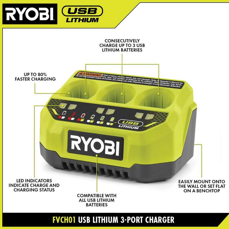 Cargador de puerto USB de litio de 3 puertos RYOBI con batería recargable de litio de 2.0 Ah - FVCH01-FVB02