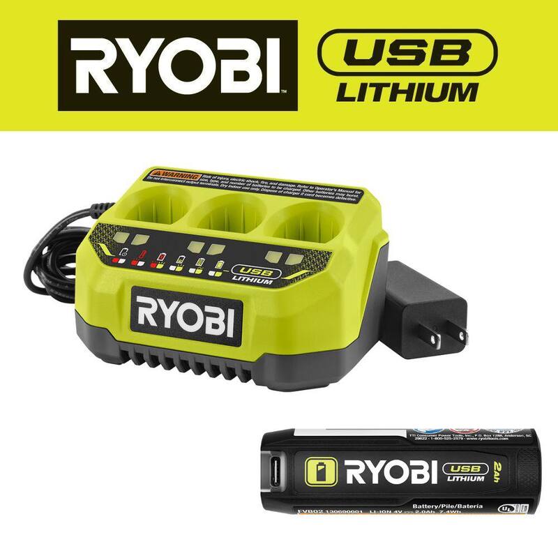 Cargador de puerto USB de litio de 3 puertos RYOBI con batería recargable de litio de 2.0 Ah - FVCH01-FVB02