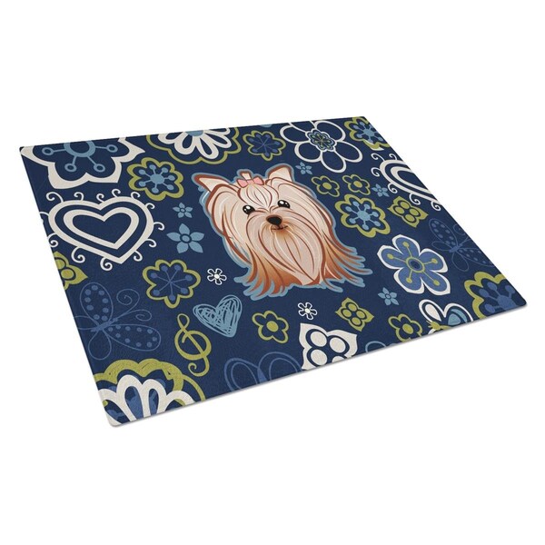 Carolines Treasures Blue Flowers Yorkie Yorkishire Terrier Glass Cutting Board Large - BB5055LCB