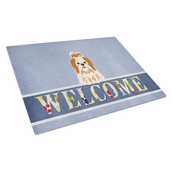 Carolines Treasures Shih Tzu Red White Welcome Glass Cutting Board Large - BB5668LCB