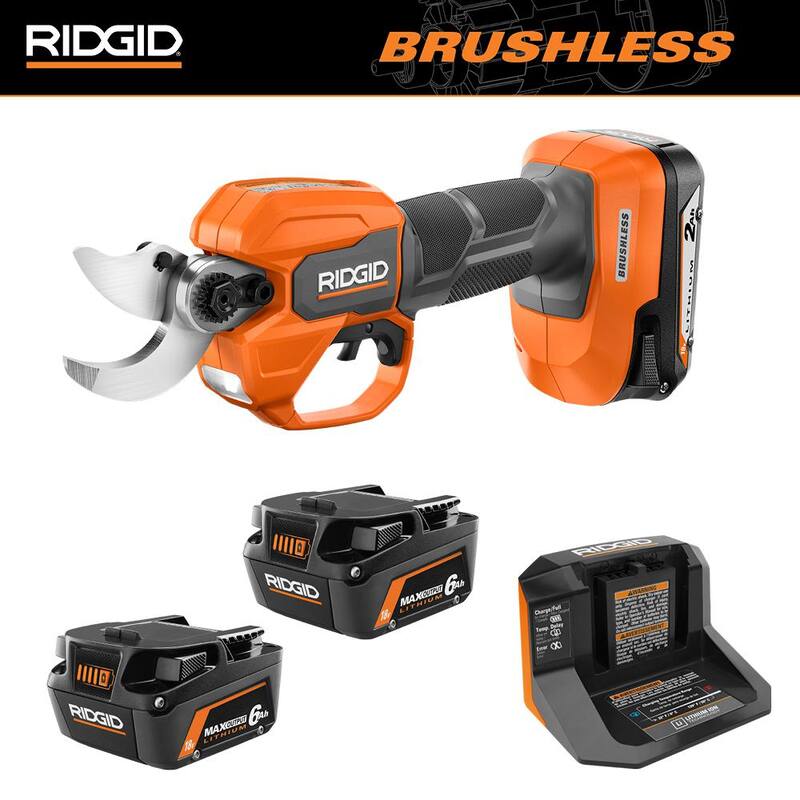 Kit de podadora RIDGID 18V Brushless con batería de 2.0 Ah, cargador y baterías de iones de litio de salida máxima de 6.0 Ah (paquete de 2) - R01301KVNM-AC840060PN