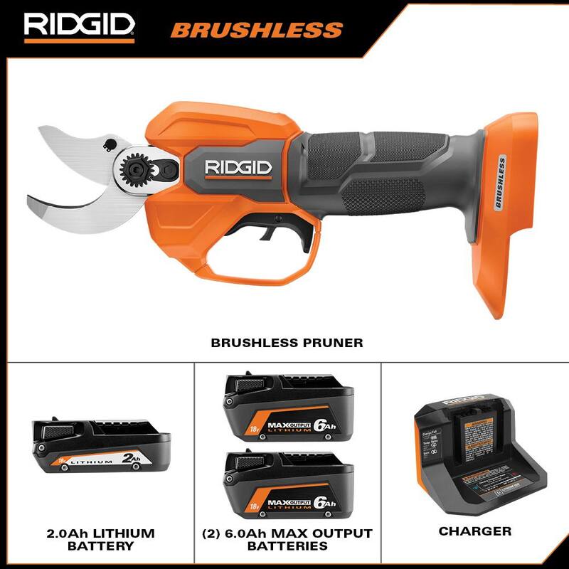 Kit de podadora RIDGID 18V Brushless con batería de 2.0 Ah, cargador y baterías de iones de litio de salida máxima de 6.0 Ah (paquete de 2) - R01301KVNM-AC840060PN