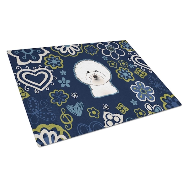 Carolines Treasures Blue Flowers Bichon Frise Glass Cutting Board Large - BB5068LCB