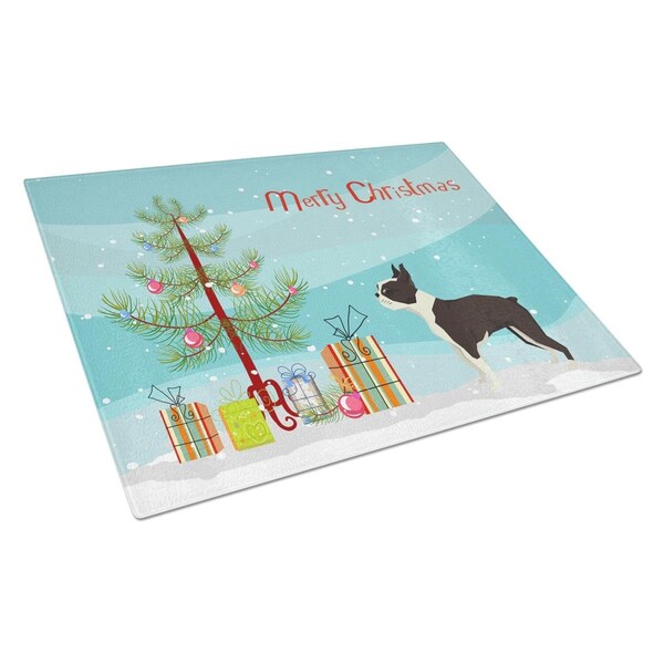 Carolines Treasures Boston Terrier Christmas Tree Glass Cutting Board Large - CK3525LCB