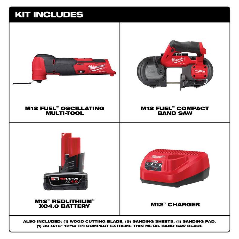 Milwaukee M12 FUEL 12-Volt Lithium-Ion Cordless Oscillating Multi-Tool y M12 FUEL Sierra de Cinta Compacta con Batería y Cargador - 48-59-2440-2526-20-2529-20