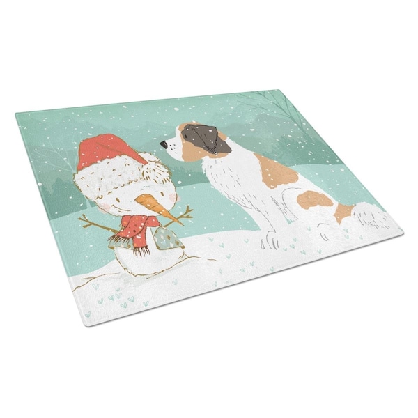 Carolines Treasures Saint Bernard Snowman Christmas Glass Cutting Board Large - CK2050LCB