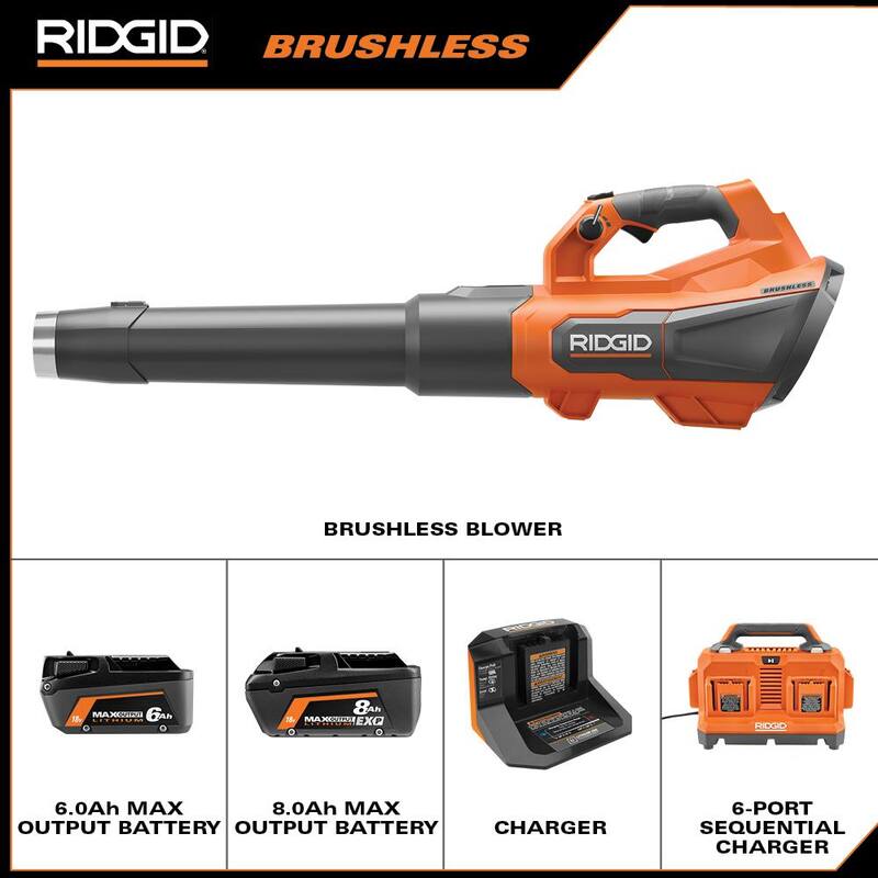 Juego de Soplador inalámbrico RIDGID 18V Brushless con batería de salida máxima de 6.0 Ah, cargador, cargador de 6 puertos y batería de salida máxima de 8.0 Ah - R01601KVNM-AC86096-AC840080