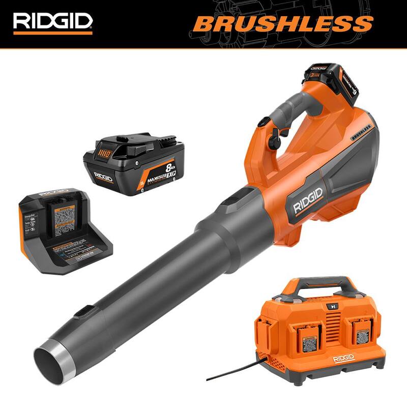 Juego de Soplador inalámbrico RIDGID 18V Brushless con batería de salida máxima de 6.0 Ah, cargador, cargador de 6 puertos y batería de salida máxima de 8.0 Ah - R01601KVNM-AC86096-AC840080