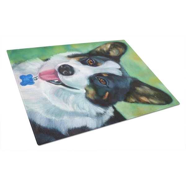 Carolines Treasures Corgi With Blue tag Glass Cutting Board Large - 7438LCB