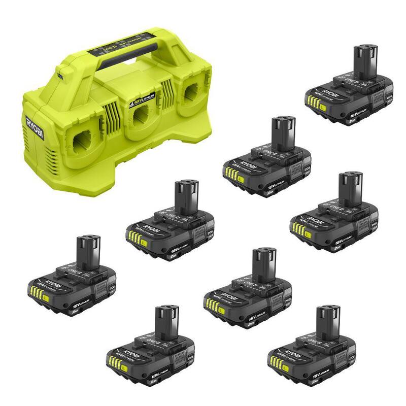 RYOBI ONE+ 18V Lithium-Ion 2.0 Ah Batería Compacta (paquete de 8) con Cargador de 6 Puertos - PBP2006-PBP2006-PBP2006-PBP2006-PCG006