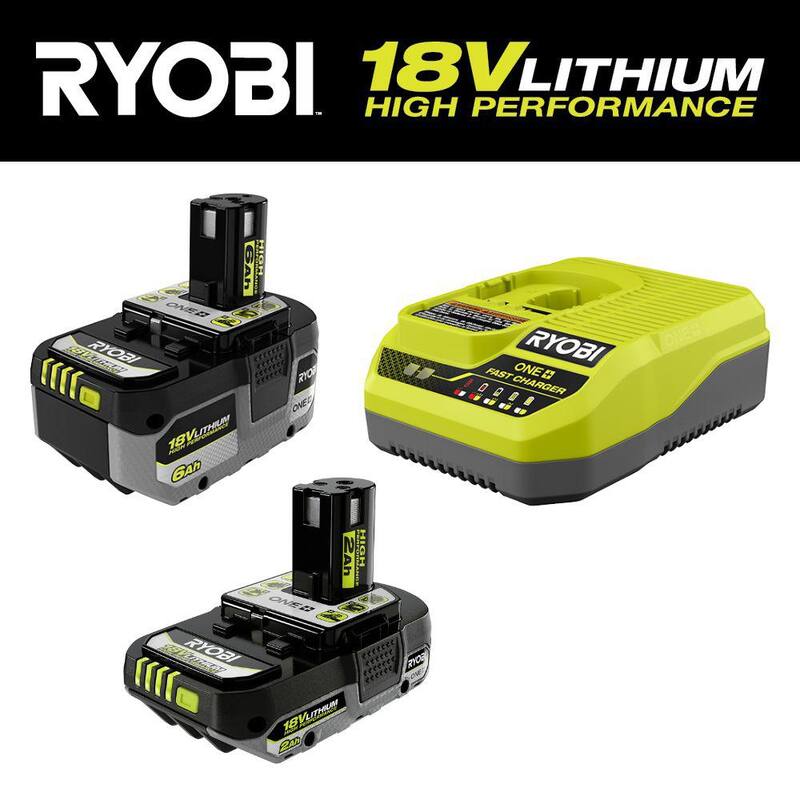 Kit de batería de alto rendimiento de iones de litio de 6.0 Ah RYOBI ONE+ 18V y cargador con batería de alto rendimiento de 2.0 Ah ONE+ 18V.