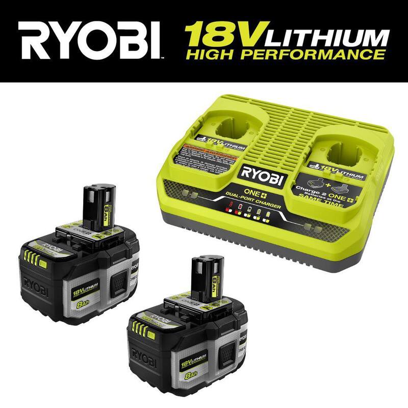 Cargador Dual de Puerto Simultáneo RYOBI ONE+ 18V con Batería de Litio de Alto Rendimiento ONE+ 18V 8.0 Ah (Paquete de 2) - PCG005-PBP2008