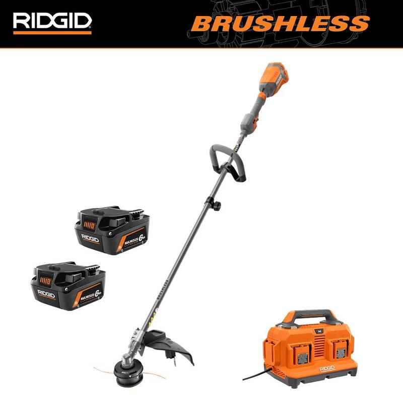 RIDGID 18V Desmalezadora sin escobillas de 14 pulgadas con kit de cargador secuencial de 6 puertos y baterías de salida máxima de 6.0 Ah (paquete de 2) - R01201BVNM-AC86096-AC840060PN